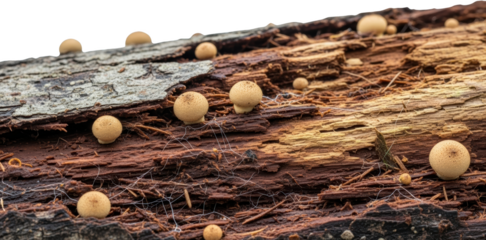 Small round pale mushrooms grow on decaying wood with visible mycelium transparent background