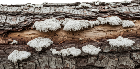White coral fungus clusters growing on a textured tree trunk bark mushroom transparent background
