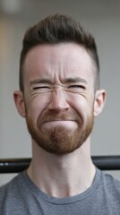 Obraz premium A red-bearded Caucasian man grimaces against an invisible lemon-biting contest backdrop, evoking April Fools Day whimsy and National Beard Day charm