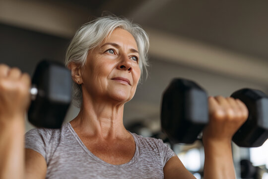 A woman in a gray shirt is lifting weights
