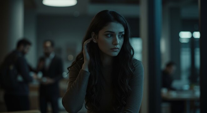 Pensive young woman with a thoughtful and lonely expression in a modern dark office at night