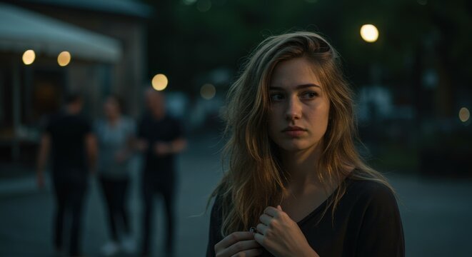 A lonely and anxious young woman with a concerned expression on a dark city street at night - Powered by Adobe