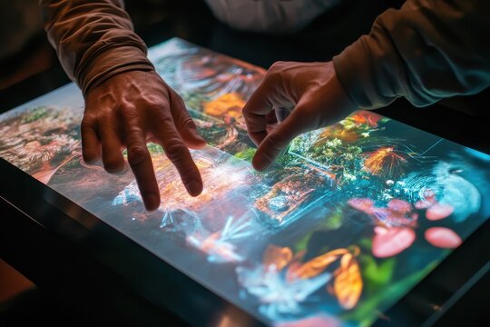 A digital artist using an advanced touchscreen table to create a 3D artwork, A digital artist engaged in 3D artwork creation using a sophisticated touchscreen table, showcasing their artistic skills