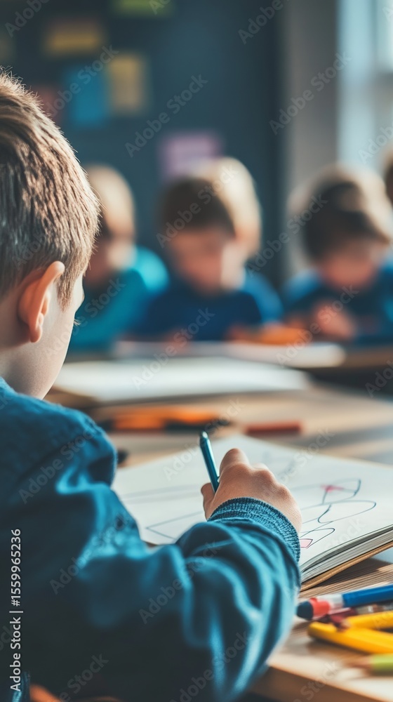 Poster elementary school student drawing on a notebook with a blue pencil during class, his classmates are 