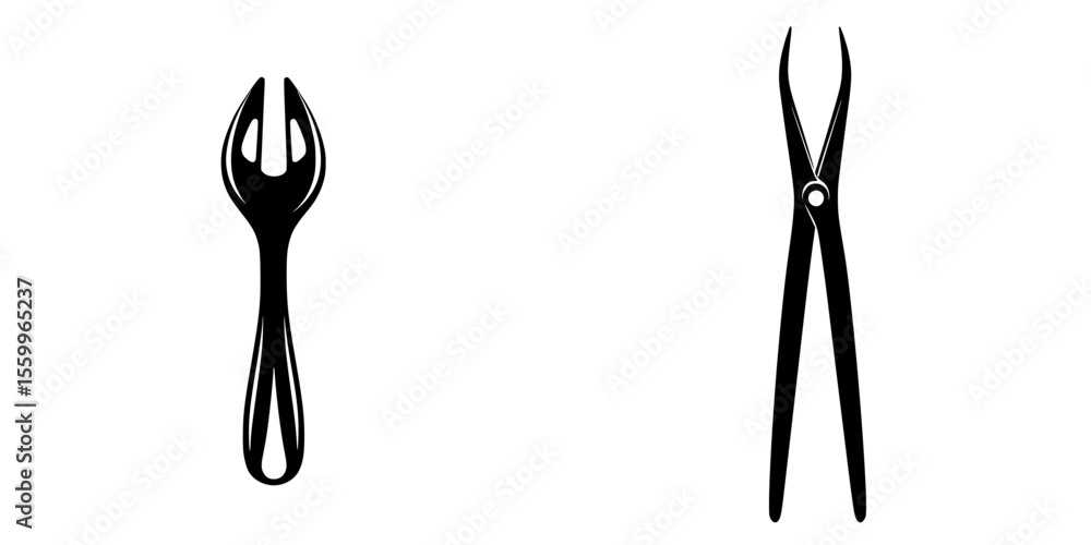 Poster silhouette pictograms of tools including a fork and pliers for versatile design applications