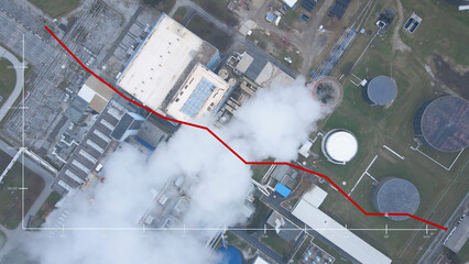 Aerial view with graphic overlay showing decreasing air quality over factory chimney smoke, urban pollution concept