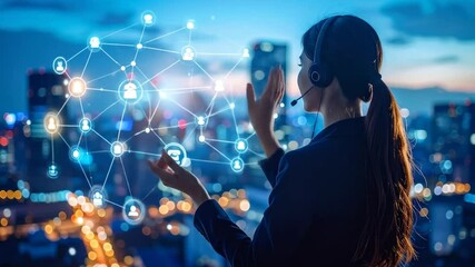 Woman managing digital network in front of a cityscape with a headset on - Powered by Adobe