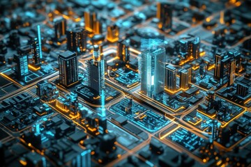 A digital map of a smart city with real-time data streams, Interactive digital map showcasing a smart city with live data streams for transportation and environmental monitoring