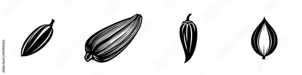 Poster silhouette pictogram icons set showcasing various vegetable forms in a minimalist style suitable for