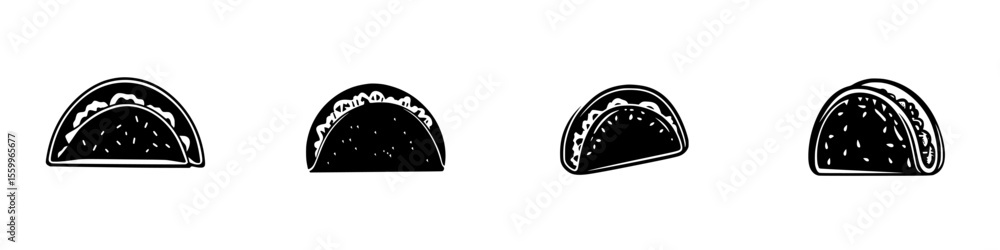 Poster silhouette pictogram set of various tacos representing different styles and fillings suitable for cu