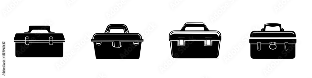 Poster silhouette pictogram of various toolboxes in isolated vector icons set showcasing different designs 