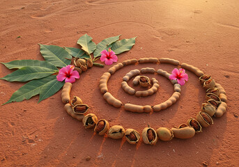 Tamarind, green leaves, and red hibiscus flowers are arranged in a circle on the red soil.