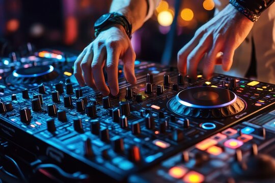 A DJ mixing tracks in a high-tech club using advanced sound equipment, A DJ at a high-tech club, focused on mixing tracks with sophisticated sound equipment and dynamic lighting effects