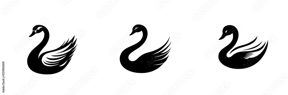Poster silhouette pictogram set featuring elegant swans in various poses against a simple background