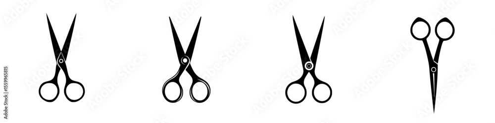 Poster silhouette pictogram of scissors icons showcasing various styles and positions in clean vector desig