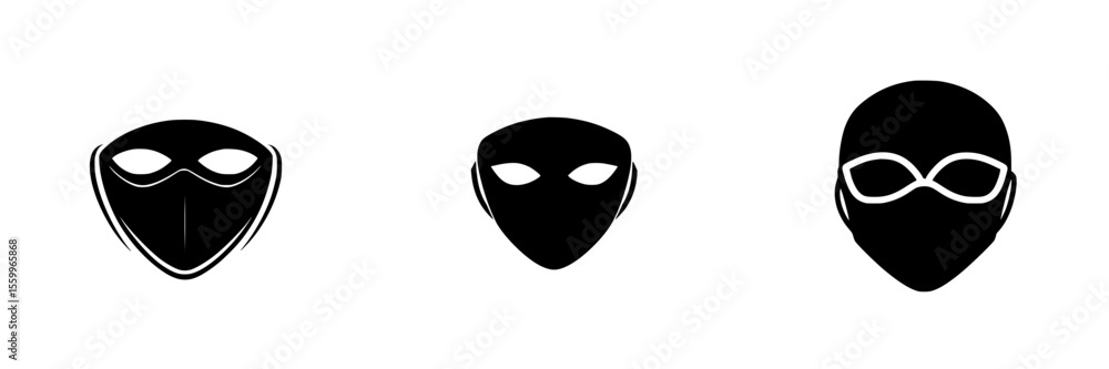 Poster silhouette pictogram set featuring abstract character faces with various mask designs for universal 