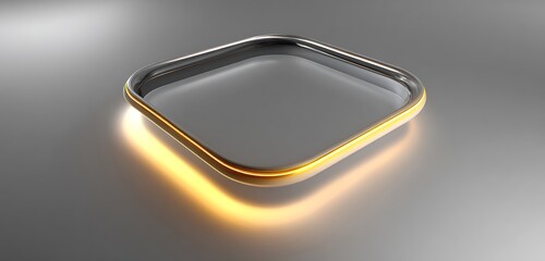A square metal frame with rounded corners and a golden edge resting on a reflective surface