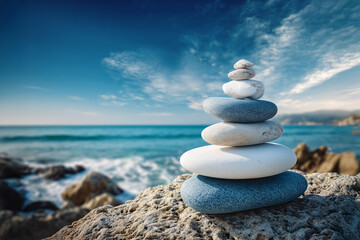 A stack of balanced, smooth stones on a rocky shore with the ocean in the background, symbolizing balance, tranquility, and harmony
