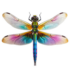 Detailed overhead macro photograph of iridescent dragonfly resting isolated on white background PNG