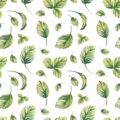 Fototapeta premium Watercolor strawberry leaves on white background. Seamless pattern