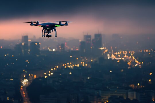 A drone surveillance system scanning a city for security, A drone equipped with surveillance technology scanning a city for security, highlighting urban areas and potential threats