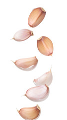 Fresh garlic cloves falling against a transparent background, creating a dynamic and flavorful visual