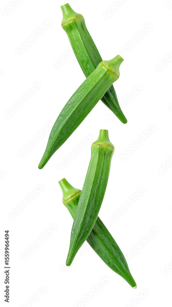 Poster three fresh okras falling against a transparent background, creating a dynamic and appetizing image 