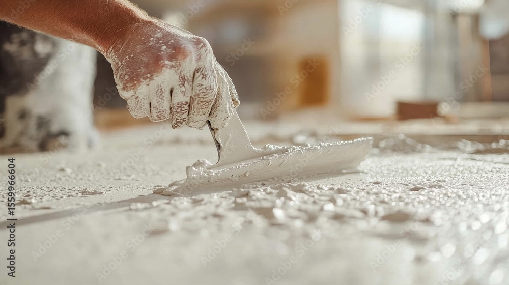 Poster skilled worker applying plaster on a smooth surface in a bright workshop during daylight hours