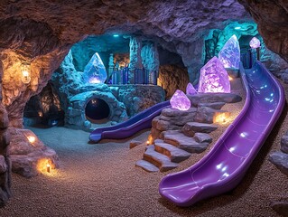 Crystal cave playground with gem-themed slides glowing stones and magical rock formations fantasy earth-tone adventure