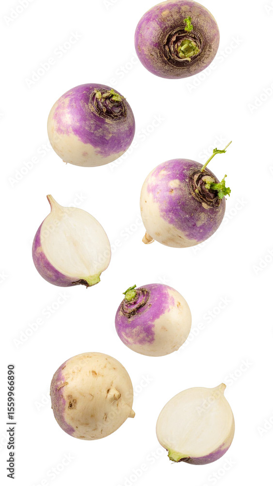 Poster whole and halved turnips falling against a transparent background, creating a dynamic and appetizing