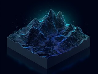 Isometric digital landscape with glowing contour lines representing mountain topography on dark background