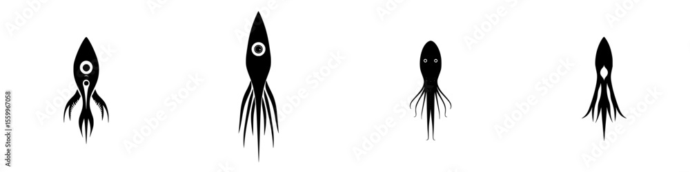Poster silhouette pictograms of various squid species showcasing distinct forms and features in a minimalis