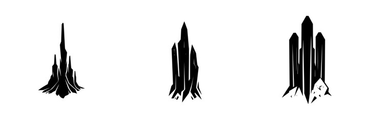 Silhouette pictograms representing various rock formations with sharp peaks and dramatic shapes