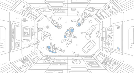 Line Art Illustration of Astronauts Floating in a Space Station Interior