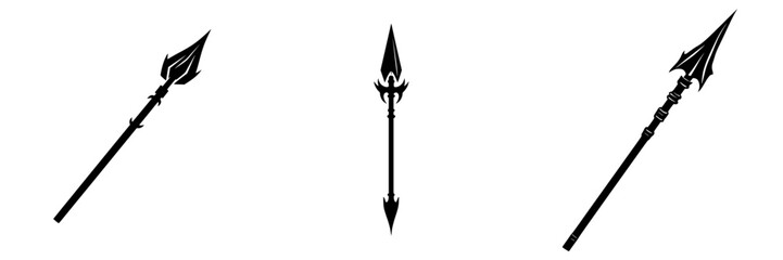 Silhouette pictogram collection of various spear designs isolated on a white background for visual representation of weaponry