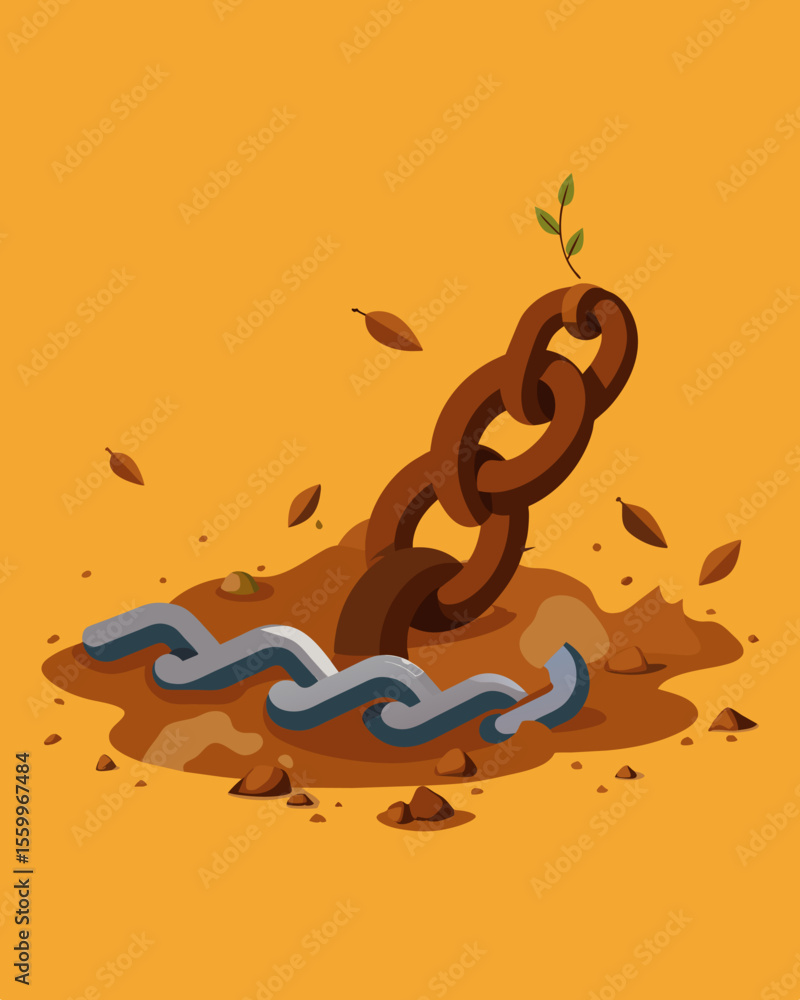 Poster a series of rusted chains tered on the ground mirroring the broken connections within the mind.. vec