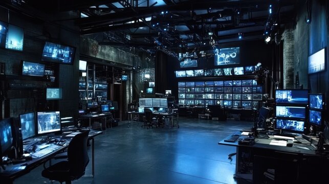 Dark, tech-filled control room.  Many screens display data - Powered by Adobe