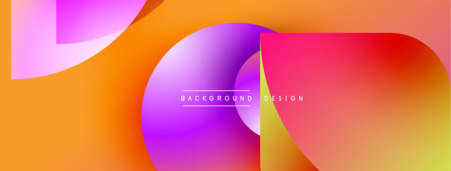 Vibrant abstract background. Overlapping shapes create dynamic color gradients, orange, pink, purple hues dominate composition. Modern design element.