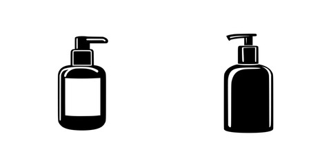 Silhouette pictograms of two cosmetic pump bottles in simple design for various uses