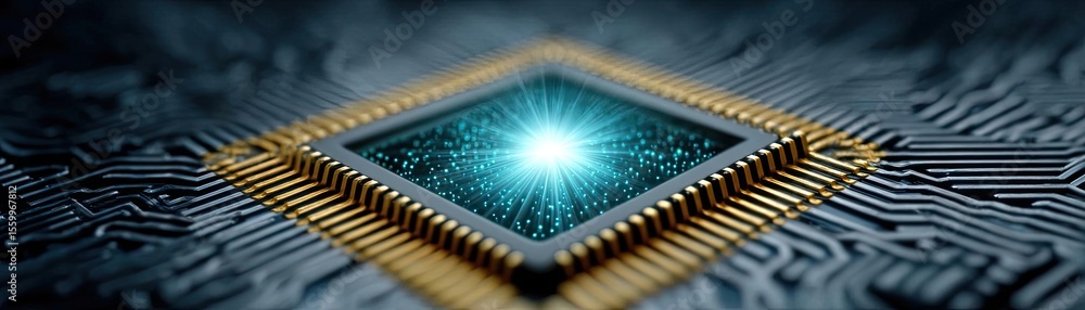 Poster Hybrid processor in plasma development concept. Close-up view of a microprocessor on a circuit board.