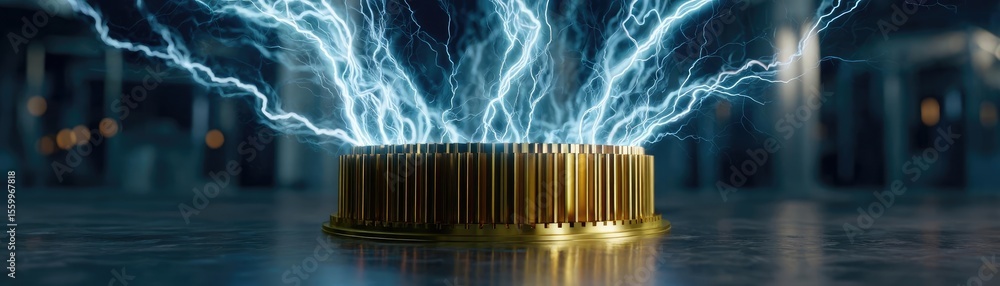 Poster Hybrid processor in plasma development concept. A futuristic power source emitting vibrant electric arcs.