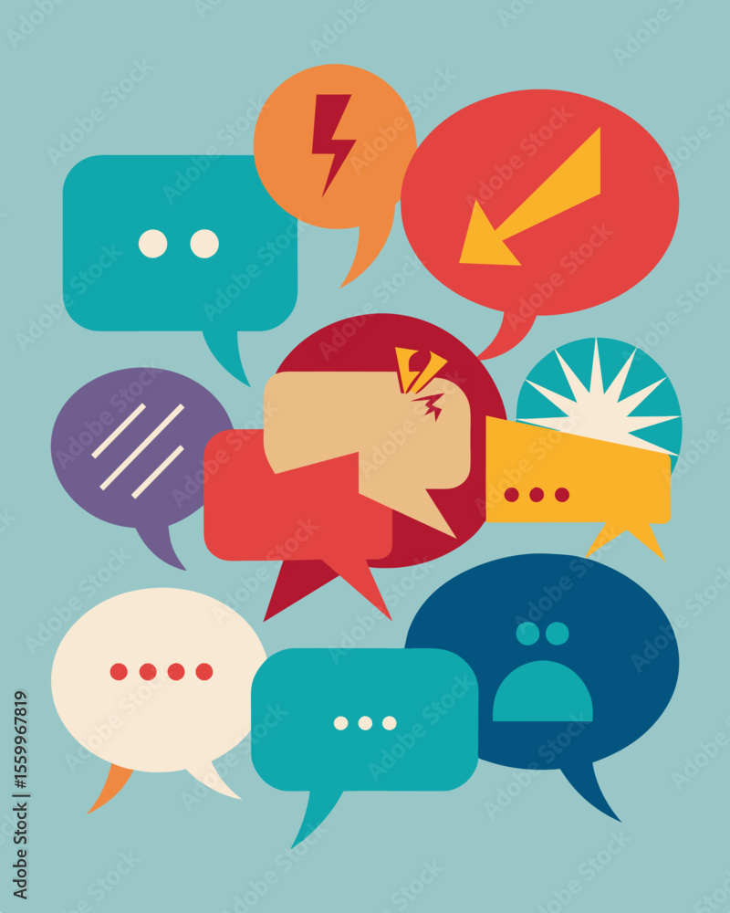 Poster a group of speech bubbles containing aggressive demands and demeaning words displaying toxic behavio