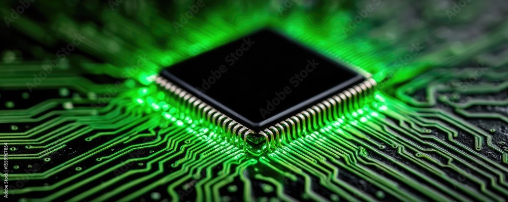 Poster Adaptive chip and programmable integration concept. Close-up of a green-lit microchip on a circuit board.