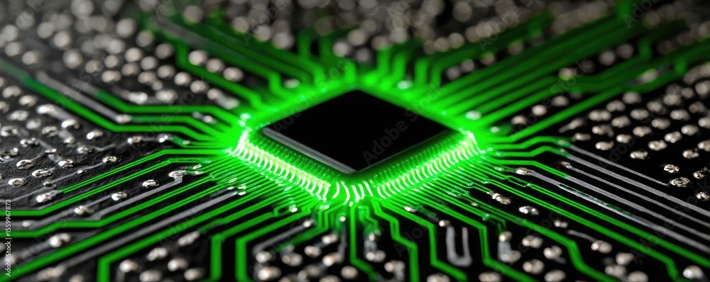 Poster Adaptive chip and programmable integration concept. Close-up of a glowing circuit board with a microchip and green accents.