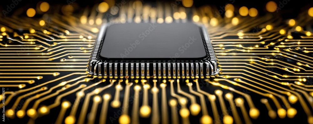 Poster Adaptive chip and programmable integration concept. Close-up of a microchip with intricate circuitry and glowing details.