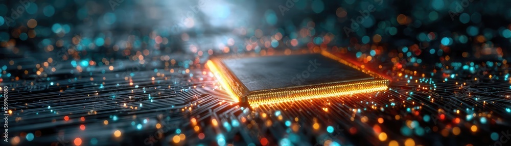 Aufkleber Hybrid processor in plasma development concept. Futuristic microchip design with glowing lights and patterns.