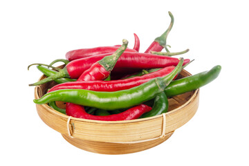 red hot chili peppers in a basket isolated on white background