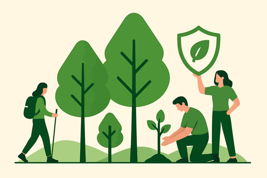 People Planting a Sapling and Hiking in a Green Forest with Environmental Protection Symbol - Powered by Adobe