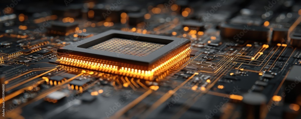 Aufkleber Hybrid processor in plasma development concept. Close-up of a modern circuit board with glowing microchip.
