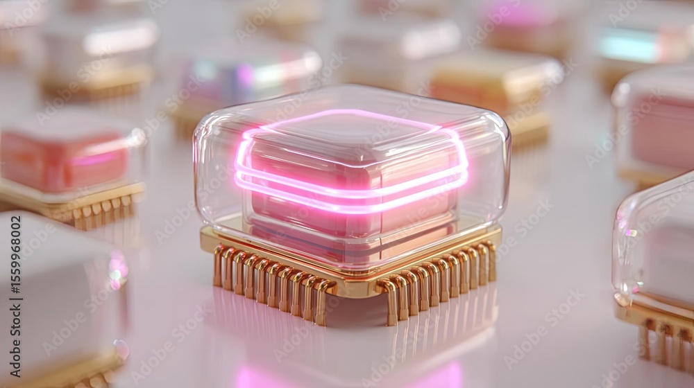 Aufkleber Hybrid processor in plasma development concept. Futuristic microchip with glowing elements on a reflective surface.